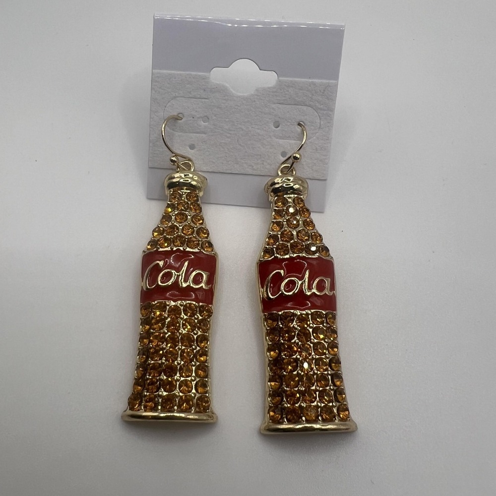 Coca Cola Bottle Dangle Earrings Women's Gold Red Rhinestone Novelty Jewelry Fun